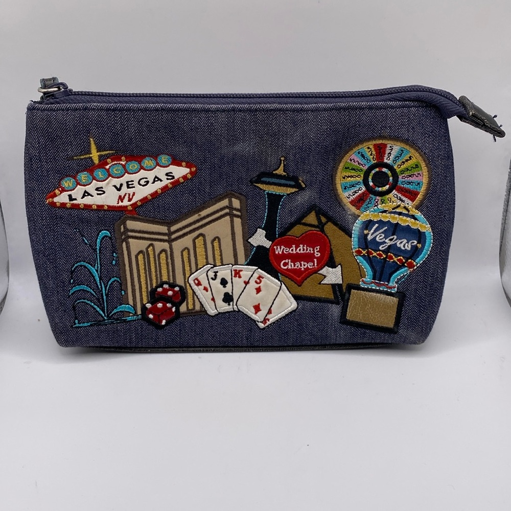 Frankie & Johnnie Vegas Embroidered Denim Makeup Case‎ Clutch Bag